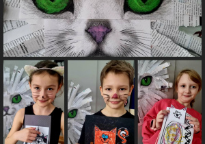 Uczniowie z klasy 2c w kocich przebraniach prezentujący wykonane prace plastyczne