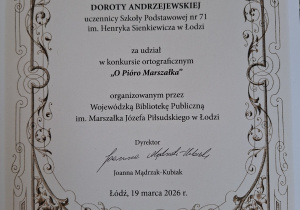 Dyplom dla uczennicy naszej Szkoły