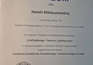 Dyplom dla laureatki II miejsca.