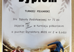 Dyplom z turnieju piłkarskiego.