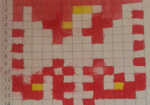 Orzeł biały na czerwonym tle - praca wykonana metodą kodowania według instrukcji na karcie do kodowania techniką kolorowania kredkami