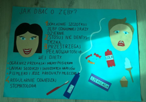 Kolorowy plakat wykonany przez uczniów pokazujący jak dbać o zęby.