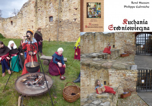 Pod ruinami zamku ludzie ubrani w średniowieczne stroje przygotowują posiłek. Dziewczynka próbuje potrawę. Odwzorowanie książki pt. "Kuchnia średniowiecza".