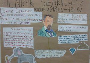 Zdjęcie przedstawia plakat wykonany przez grupę uczniów klasy 3a, dotyczący Henryka Sienkiewicza.