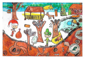 Kartka bożonarodzeniowa, ktora zwycięzyla w konkursie plastycznym Nadleśnictwa Sarbia w II kategorii wiekowej - klasy I-IV szkoly podstawowej
