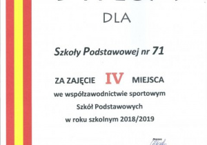 Dyplom za zajęcie IV miejsca we współzawodnictwie sportowym w roku szkolnym 2018/2019.