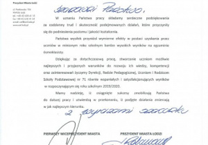 List gratulacyjny otrzymany od Prezydent Miasta Łodzi - Pani Hanny Zdanowskiej.
