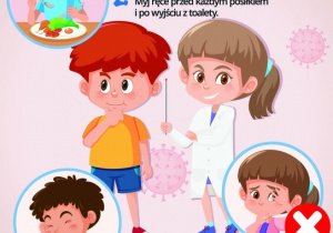 Kolorowy plakat z postaciami dzieci przedstawiający 4 zasady ochrony przed koronawirusem.