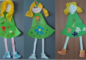 Zdjęcie przedstawia 3 postacie Pani Wiosny wykonanej z papieru kolorowego przez uczniów klasy 1a.