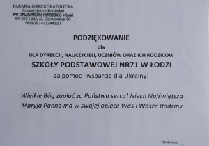 Podziękowania z parafii Greckokatolickiej - (Bizantyjsko-Ukraińskiej) P.W Ofiarowania Pańskiego w Łodzi.
