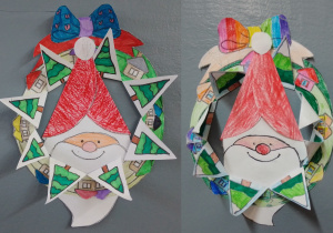 Mikołaje i świąteczne wianki wykonane z papieru przez uczniów klasy 2a