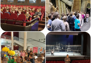 Uczniowie za teatralnymi kulisami i na miejscach dla publiczności.