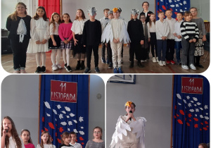 Uczniowie klasy 3A podczas przedstawienia z okazji Święta Niepodległości.