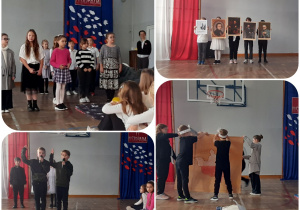 Uczniowie klasy 3A podczas przedstawienia z okazji Święta Niepodległości.