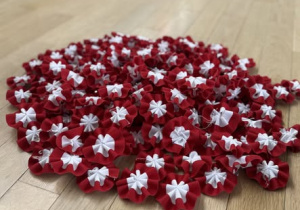 Kokardy narodowe rozłożone w sali gimnastycznej