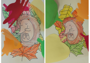 Prace plastyczne przedstawiające jeże otulone podczas snu liśćmi