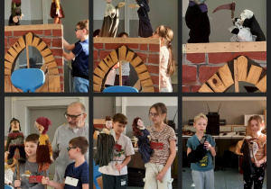 Dzieci z klasy 2c grają lalkami teatralnymi