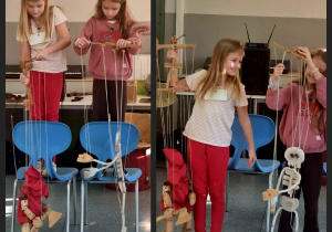 Dziewczynki z klasy 2c uczą się poruszać marionetkami