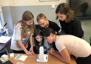 Uczniowie podczas obserwacji mikroskopowych.